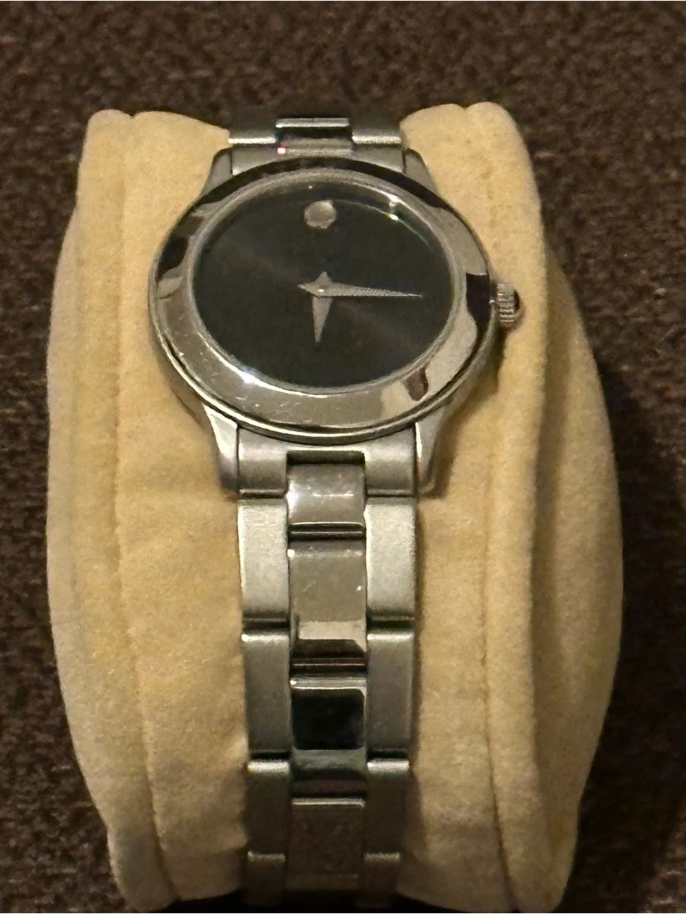 Movado Stainless Steel Black Dial Wristwatch - Brushed Silver Bracelet.